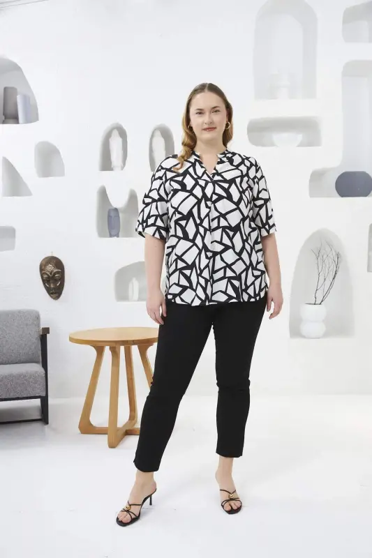 Geometric Pattern Cowl Neck Plus Size Blouse Black - 5