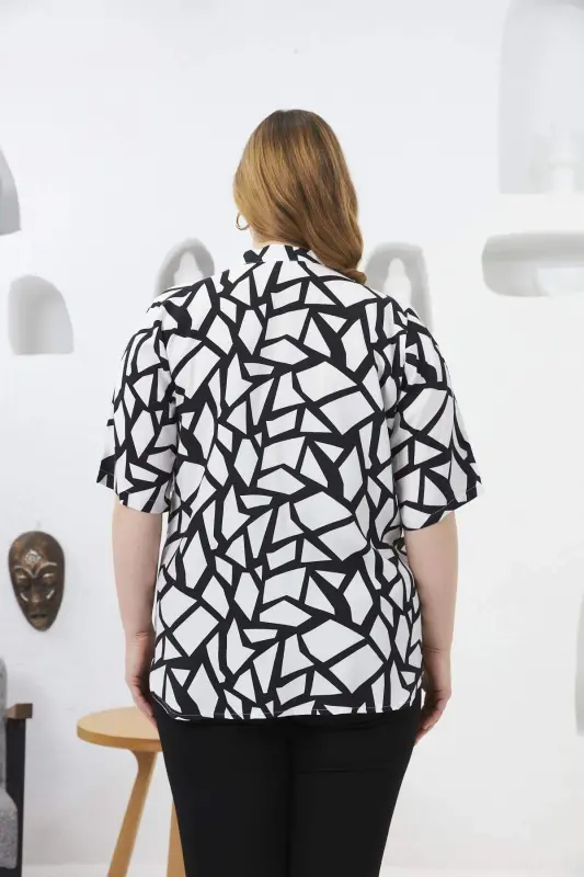 Geometric Pattern Cowl Neck Plus Size Blouse Black - 7