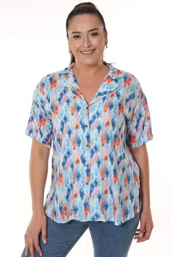 Geometric Pattern Men's Collar Short Sleeve Blue Shirt - 1