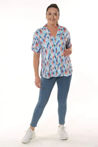 Geometric Pattern Men's Collar Short Sleeve Blue Shirt - BÜYÜKBEDENIZ (1)