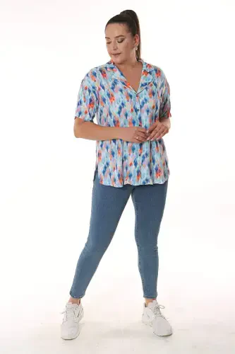 Geometric Pattern Men's Collar Short Sleeve Blue Shirt - 3