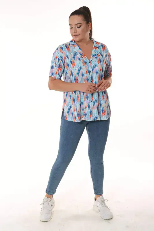 Geometric Pattern Men's Collar Short Sleeve Blue Shirt - 3