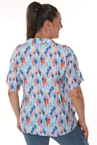 Geometric Pattern Men's Collar Short Sleeve Blue Shirt - 4