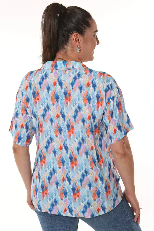 Geometric Pattern Men's Collar Short Sleeve Blue Shirt - 4