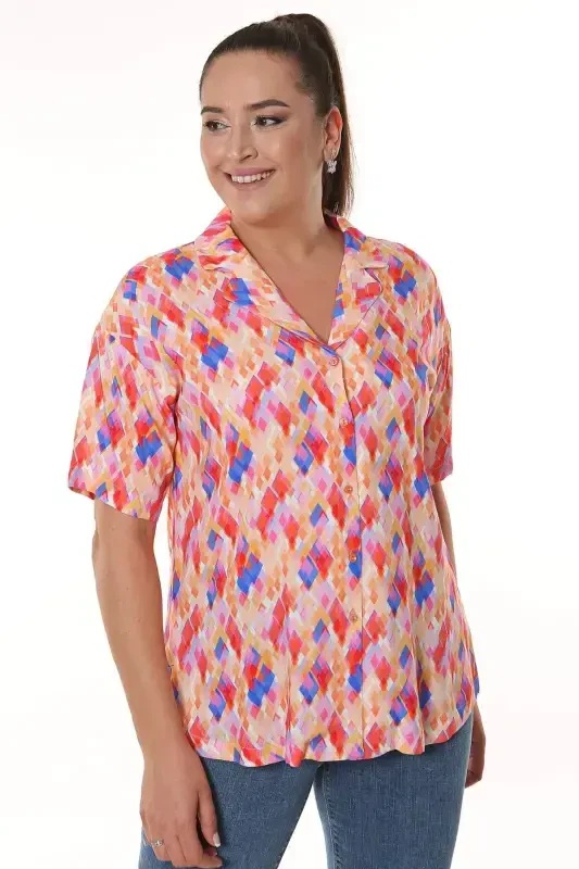 Geometric Pattern Mens Collar Short Sleeve Coral Shirt - 1