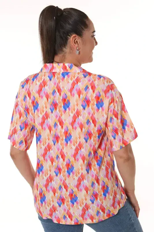 Geometric Pattern Mens Collar Short Sleeve Coral Shirt - 6