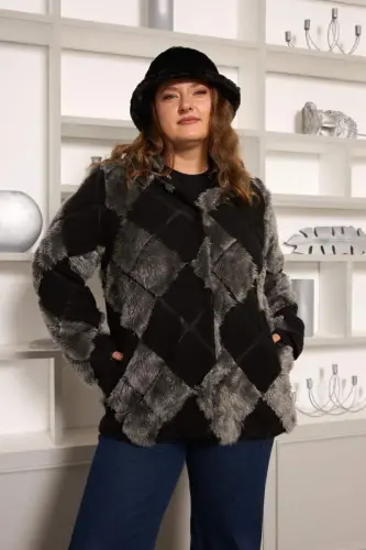 Geometric Plush Oversized Hooded Jacket Black - 1