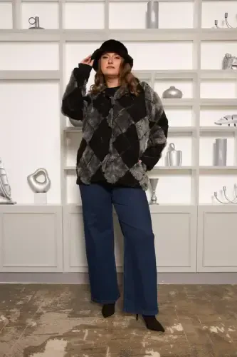 Geometric Plush Oversized Hooded Jacket Black - 6