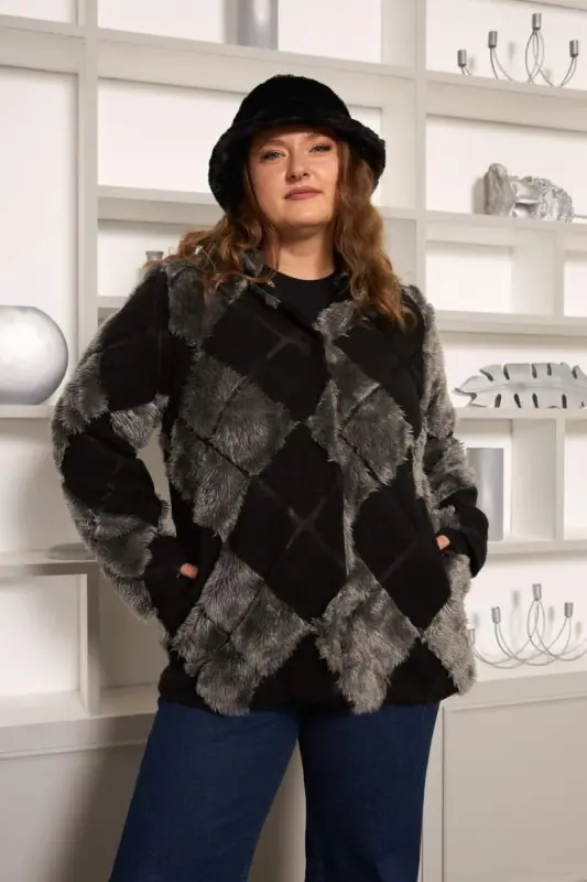 Geometric Plush Oversized Hooded Jacket Black - 1