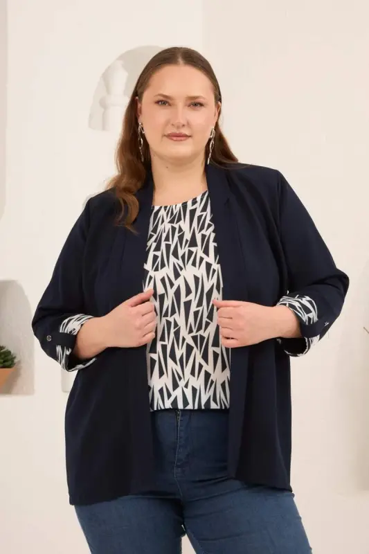 Geometrik Desenli Kadın Büyük Beden Atlet Ceket Takım Lacivert - 1