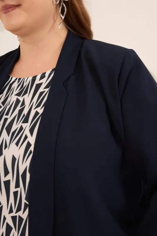 Geometrik Desenli Kadın Büyük Beden Atlet Ceket Takım Lacivert - 2