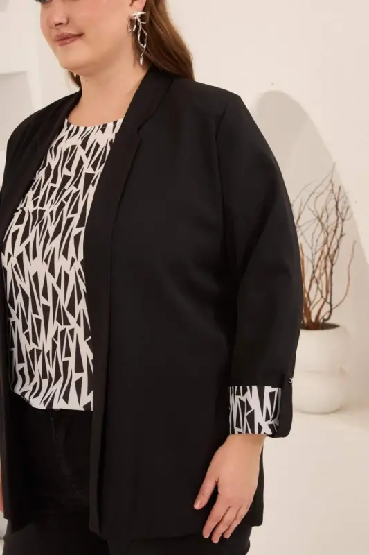 Geometrik Desenli Kadın Büyük Beden Atlet Ceket Takım Siyah - 2