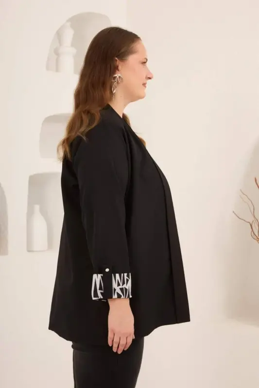 Geometrik Desenli Kadın Büyük Beden Atlet Ceket Takım Siyah - 3