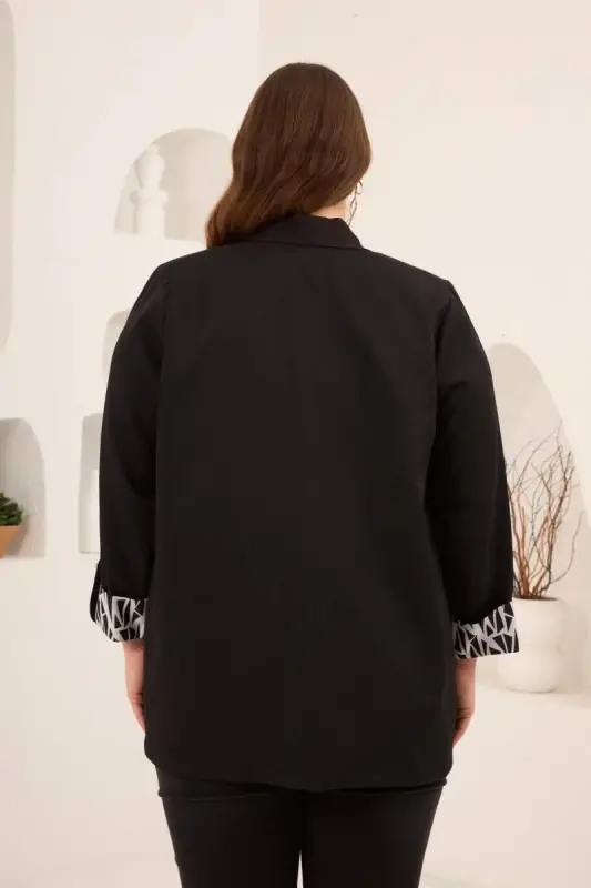 Geometrik Desenli Kadın Büyük Beden Atlet Ceket Takım Siyah - 5