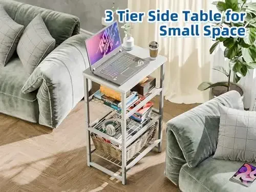 GEORIS Industrial Printer Stand 3 Tier, Home Printer Wood Table with Wire Storage Shelf for Scanner Fax Machine, Heavy Duty Metal, White with White Board - 7