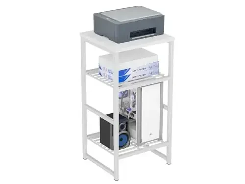 GEORIS Industrial Printer Stand 3 Tier, Home Printer Wood Table with Wire Storage Shelf for Scanner Fax Machine, Heavy Duty Metal, White with White Board - GEORIS