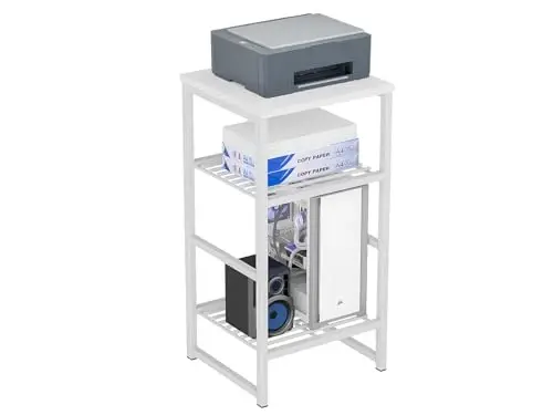 GEORIS Industrial Printer Stand 3 Tier, Home Printer Wood Table with Wire Storage Shelf for Scanner Fax Machine, Heavy Duty Metal, White with White Board - 1