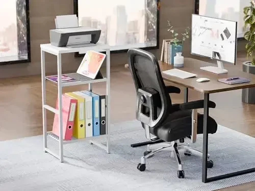 GEORIS Industrial Printer Stand 3 Tier, Home Printer Wood Table with Wire Storage Shelf for Scanner Fax Machine, Heavy Duty Metal, White with White Board - 2