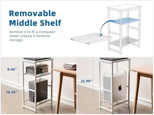 GEORIS Industrial Printer Stand 3 Tier, Home Printer Wood Table with Wire Storage Shelf for Scanner Fax Machine, Heavy Duty Metal, White with White Board - 5