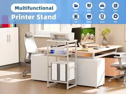 GEORIS Industrial Printer Stand 3 Tier, Home Printer Wood Table with Wire Storage Shelf for Scanner Fax Machine, Heavy Duty Metal, White with White Board - 4