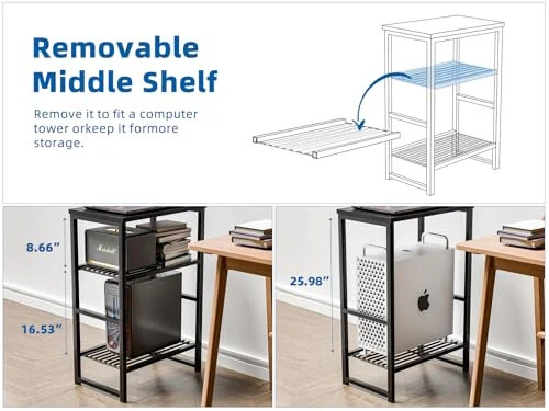 GEORIS Printer Stand Holder 3 Tier - Heavy Duty Metal Shelving Unit for Under Desk Printer Storage Office Organizer, Industrial Printer Side Table with Wood Desktop for Scanner Fax Machine Black - GEORIS