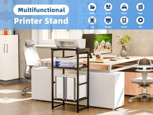 GEORIS Printer Stand Holder 3 Tier - Heavy Duty Metal Shelving Unit for Under Desk Printer Storage Office Organizer, Industrial Printer Side Table with Wood Desktop for Scanner Fax Machine Black - 5