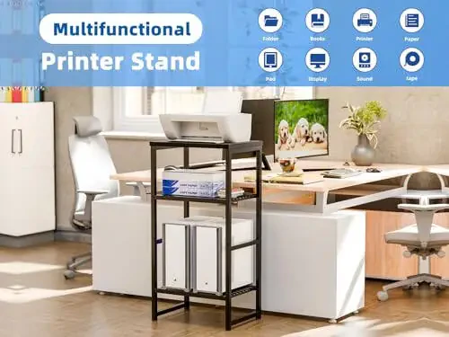 GEORIS Printer Stand Holder 3 Tier - Heavy Duty Metal Shelving Unit for Under Desk Printer Storage Office Organizer, Industrial Printer Side Table with Wood Desktop for Scanner Fax Machine Black - 5