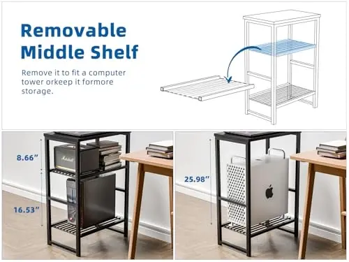 GEORIS Printer Stand Holder 3 Tier - Heavy Duty Metal Shelving Unit for Under Desk Printer Storage Office Organizer, Industrial Printer Side Table with Wood Desktop for Scanner Fax Machine Black - 1