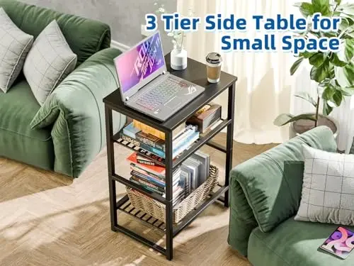 GEORIS Printer Stand Holder 3 Tier - Heavy Duty Metal Shelving Unit for Under Desk Printer Storage Office Organizer, Industrial Printer Side Table with Wood Desktop for Scanner Fax Machine Black - 5