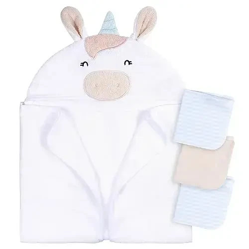 Gerber Baby 4 Piece Animal Character Hooded Towel and Washcloth Set, White Unicorn, One Size - GERBER