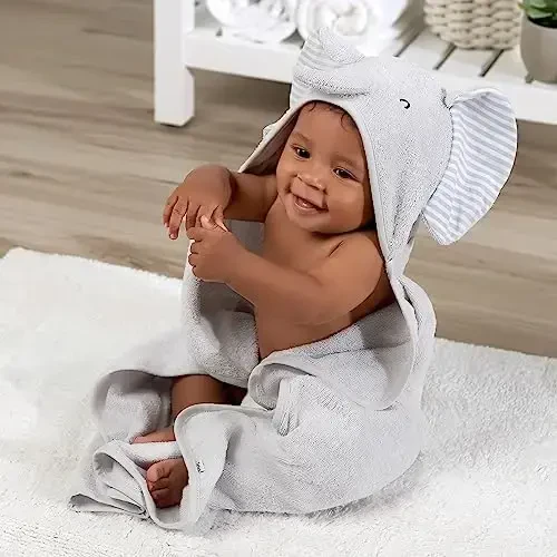 Gerber Baby 4 Piece Animal Character Hooded Towel and Washcloth Set, Grey Elephant, One Size - 2