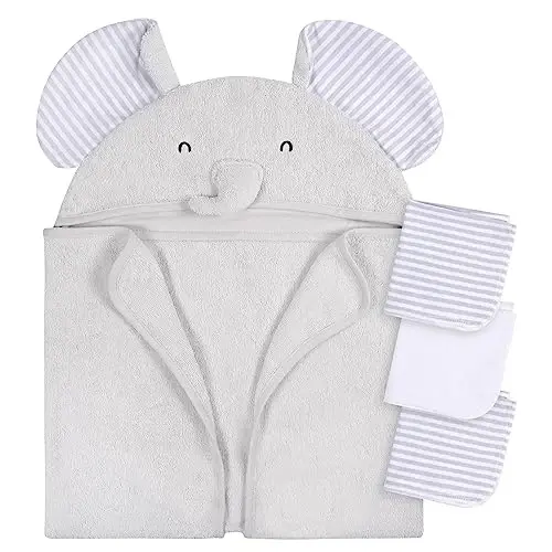 Gerber Baby 4 Piece Animal Character Hooded Towel and Washcloth Set, Grey Elephant, One Size 