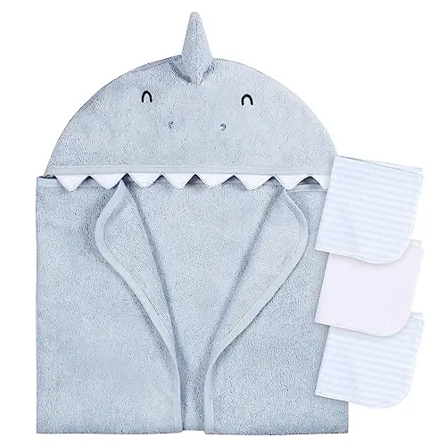 Gerber Baby 4 Piece Animal Character Hooded Towel and Washcloth Set, Blue Shark, One Size 