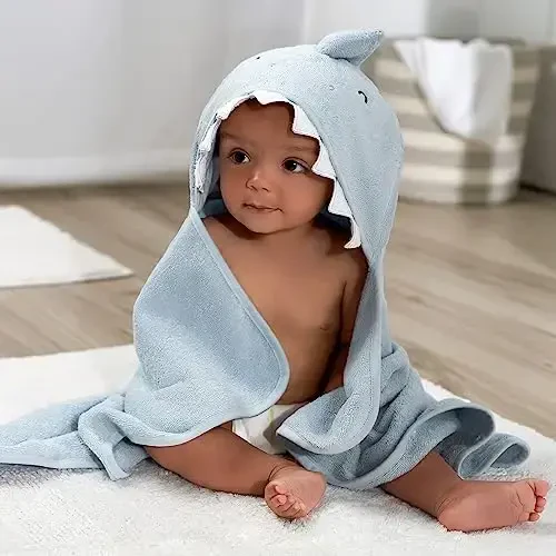 Gerber Baby 4 Piece Animal Character Hooded Towel and Washcloth Set, Blue Shark, One Size - 3