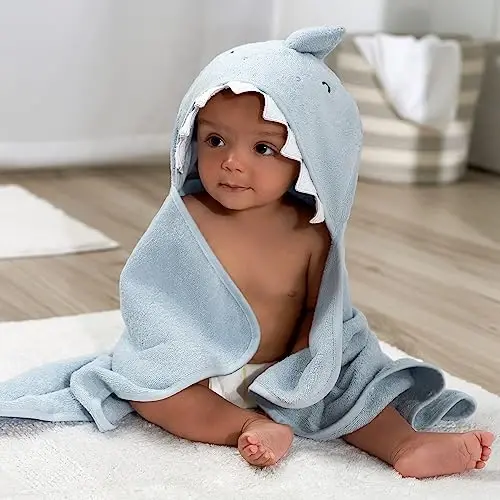Gerber Baby 4 Piece Animal Character Hooded Towel and Washcloth Set, Blue Shark, One Size - 3