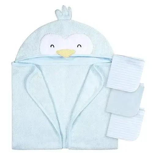 Gerber Baby 4 Piece Animal Character Hooded Towel and Washcloth Set, Blue Penguin, One Size - GERBER