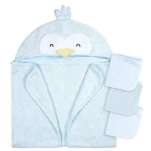 Gerber Baby 4 Piece Animal Character Hooded Towel and Washcloth Set, Blue Penguin, One Size - 1