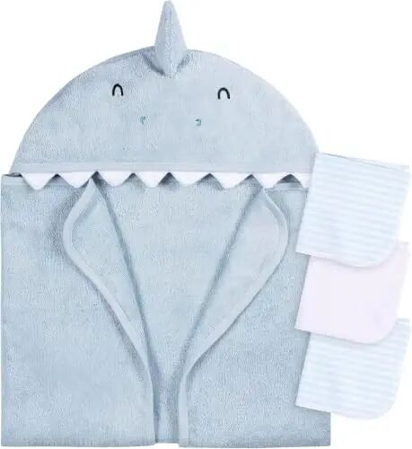 Gerber Baby 4 Piece Animal Character Hooded Towel and Washcloth Set, Blue Shark (Pack of 12) - Gerber