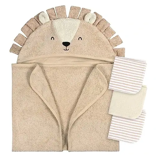 Gerber Baby 4 Piece Animal Character Hooded Towel and Washcloth Set, Brown Lion, One Size 
