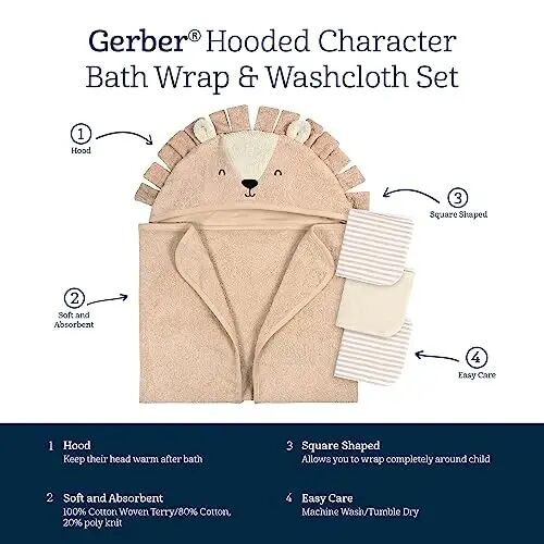 Gerber Baby 4 Piece Animal Character Hooded Towel and Washcloth Set, Brown Lion, One Size 