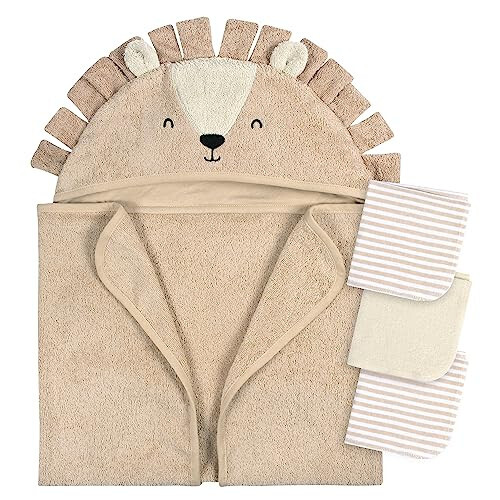 Gerber Baby 4 Piece Animal Character Hooded Towel and Washcloth Set, Brown Lion, One Size - 1