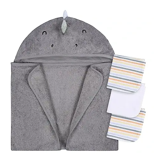 Gerber Baby 4 Piece Animal Character Hooded Towel and Washcloth Set, Charcoal Dino, One Size - 1