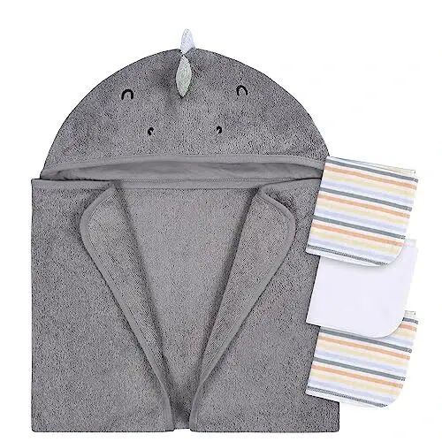 Gerber Baby 4 Piece Animal Character Hooded Towel and Washcloth Set, Charcoal Dino, One Size - 1