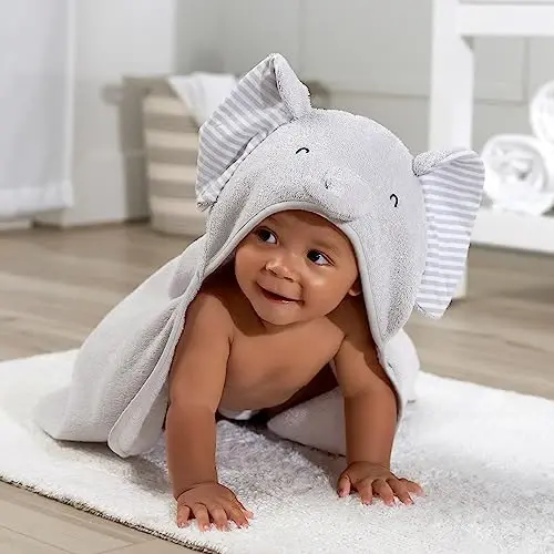 Gerber Baby 4 Piece Animal Character Hooded Towel and Washcloth Set, Grey Elephant, One Size - 3