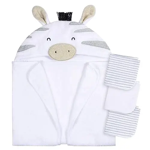 Gerber Baby 4 Piece Animal Character Hooded Towel and Washcloth Set, Grey Zebra, One Size 