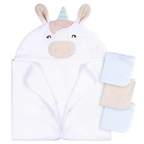 Gerber Baby 4 Piece Animal Character Hooded Towel and Washcloth Set, White Unicorn, One Size 