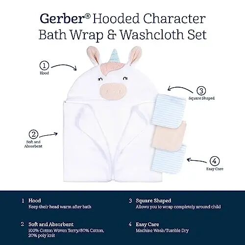Gerber Baby 4 Piece Animal Character Hooded Towel and Washcloth Set, White Unicorn, One Size 