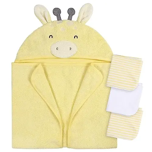 Gerber Baby 4 Piece Animal Character Hooded Towel and Washcloth Set, Yellow Giraffe, One Size - 1