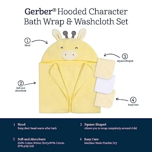 Gerber Baby 4 Piece Animal Character Hooded Towel and Washcloth Set, Yellow Giraffe, One Size - GERBER (1)