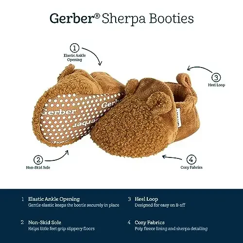 Gerber baby-girls Fleece Lined Non Skid Soft Slipper Booties With Ears - 6